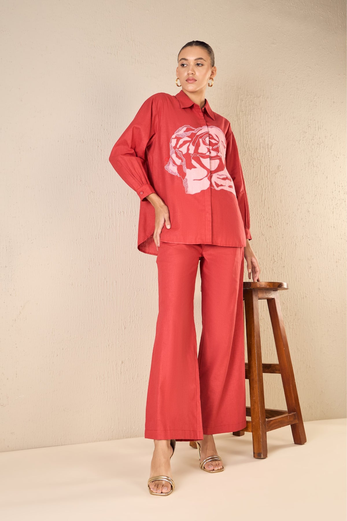 ROSE DREAM: RED OVERSIZE COTTON SHIRT CO-ORD SET