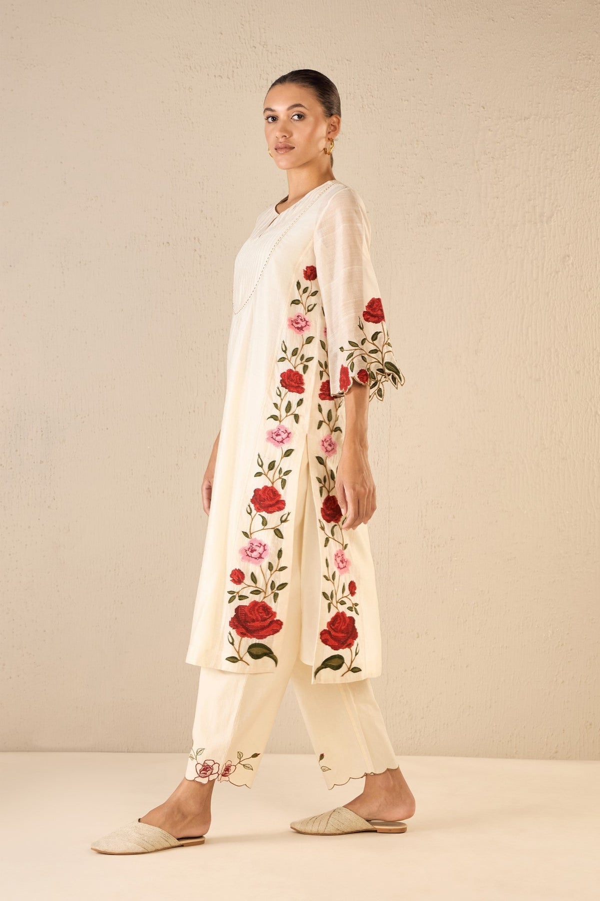 PETAL PATH: IVORY FLORAL EMBROIDERED SCALLOPED PANTS