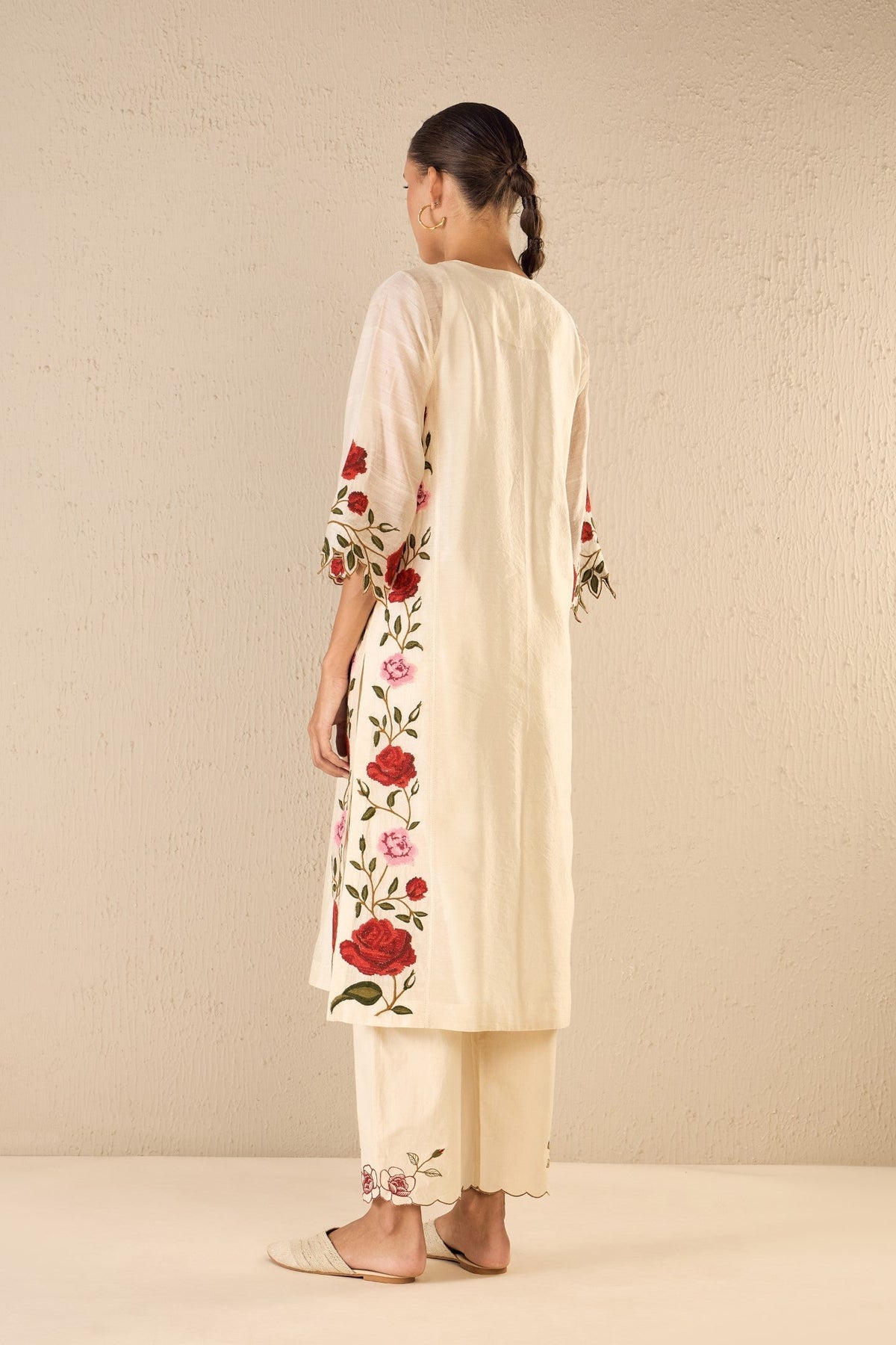 PETAL PATH: IVORY FLORAL EMBROIDERED SCALLOPED PANTS