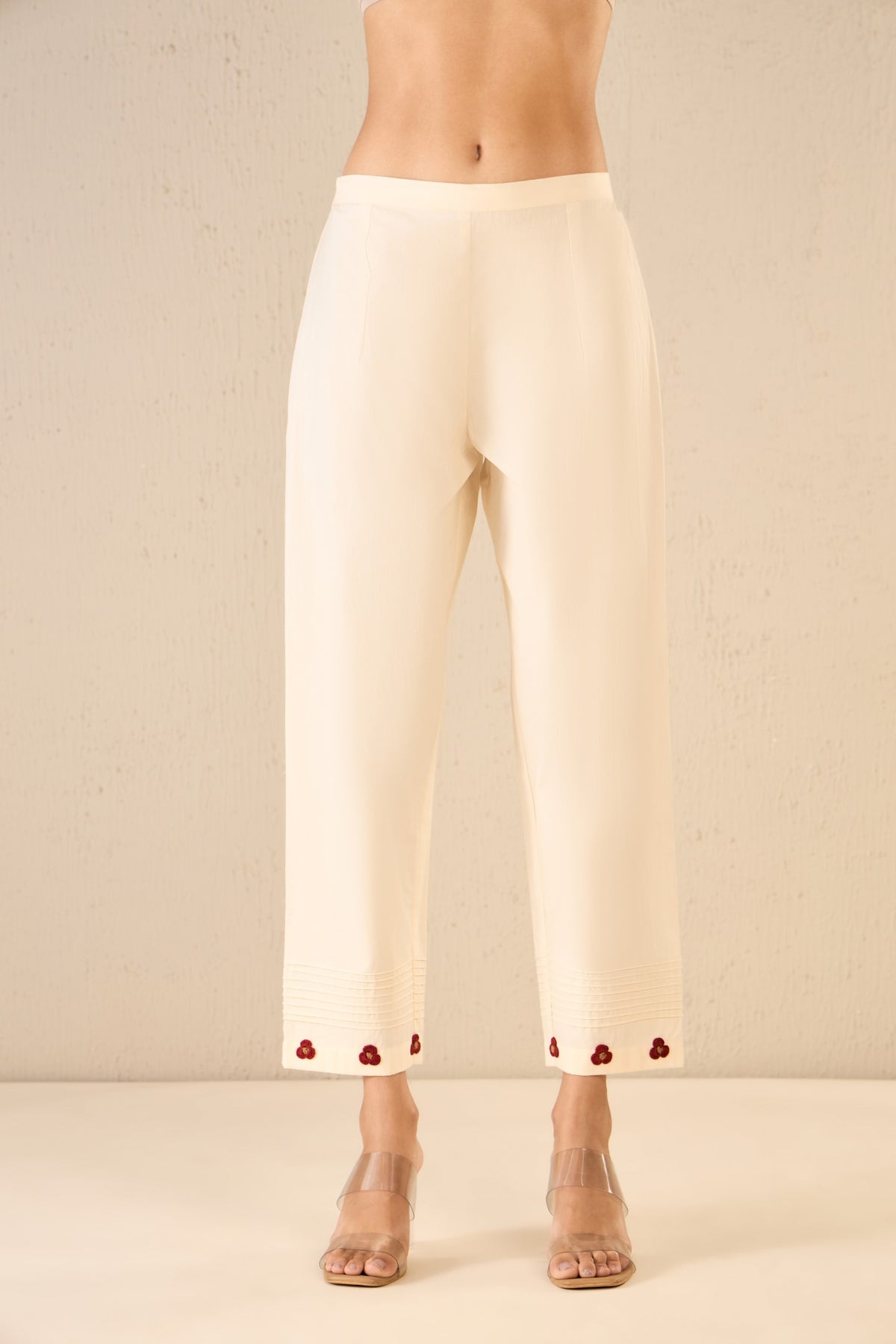 BLOOM DOTS: IVORY PINTUCK CROCHET FLORAL PANT