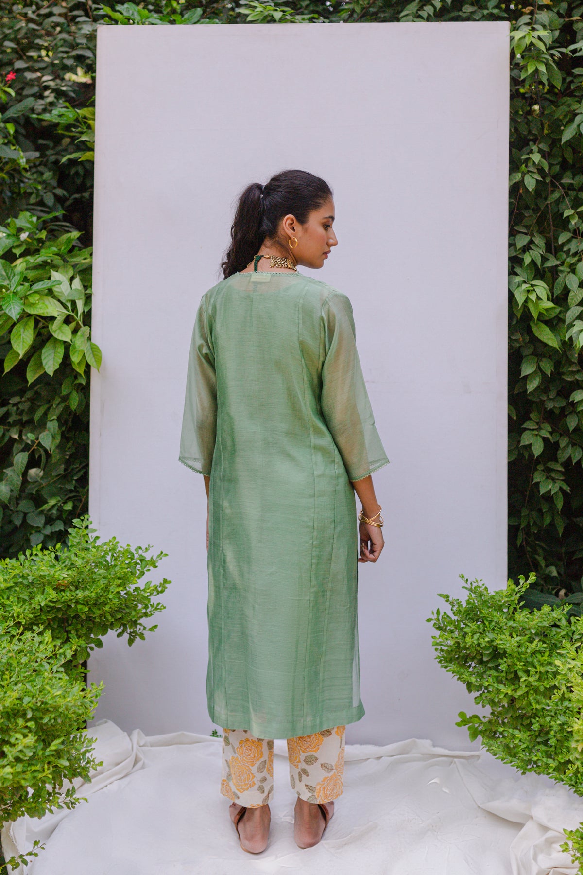 Bela Sage green handloom chanderi pintuck kurta with printed pants and yellow mustard lace stole