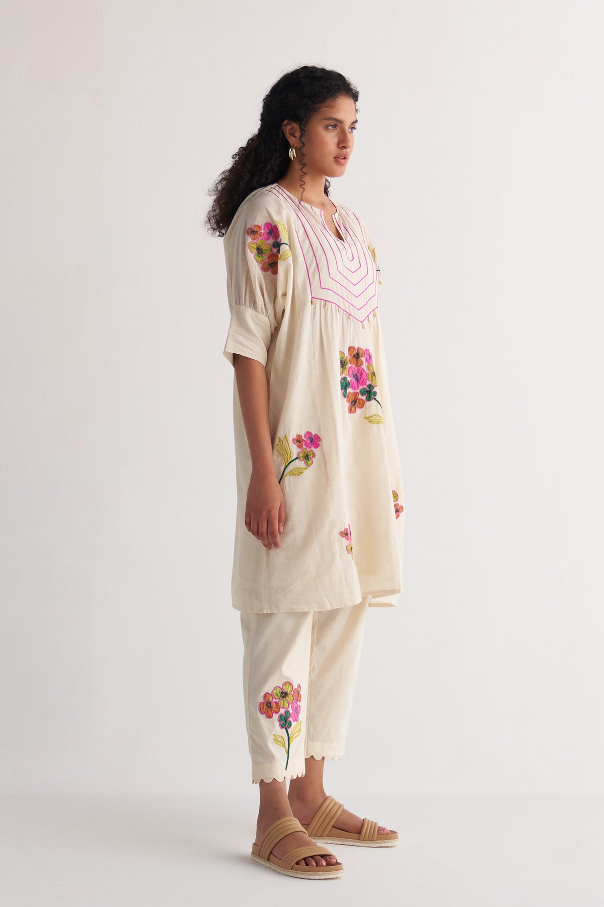 Ivory Floral Bunch Couching Yoke Cape with Pants