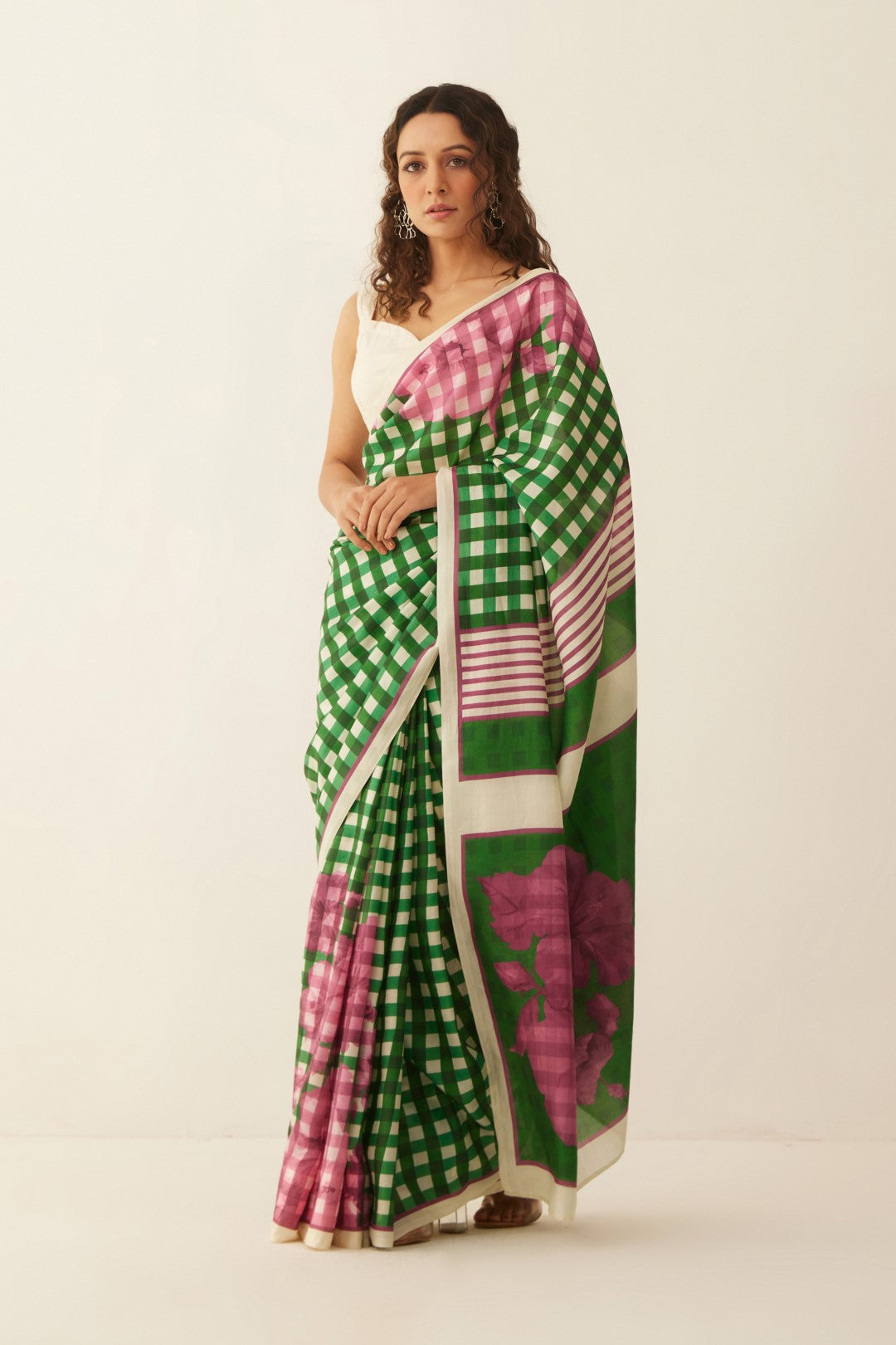 GREEN AND OFFWHITE GINGHAM CHECKS FLORAL MIX SILK SAREE WITH BLOUSE