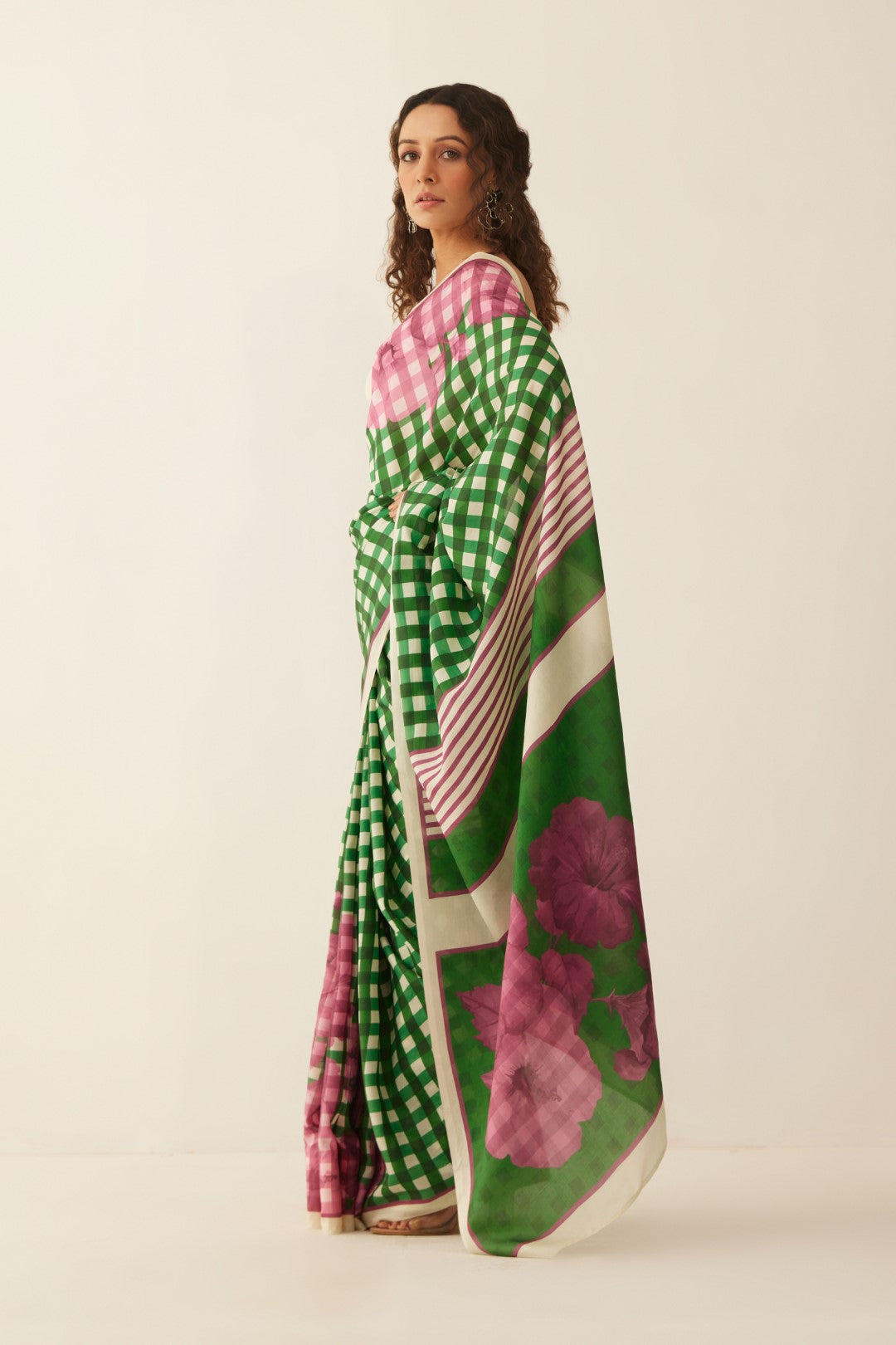GREEN AND OFFWHITE GINGHAM CHECKS FLORAL MIX SILK SAREE WITH BLOUSE