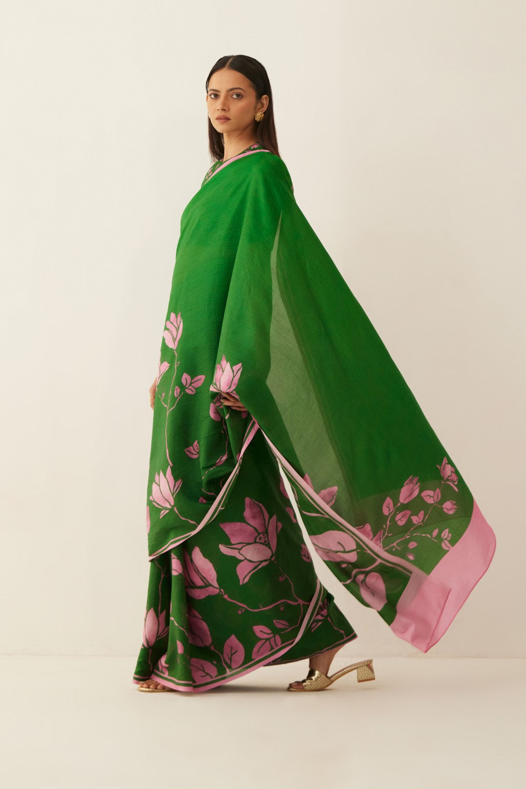 GREEN AND PINK MAGNOLIA FLORAL PRINT SAREE WITH FLORAL SILK BLOUSE