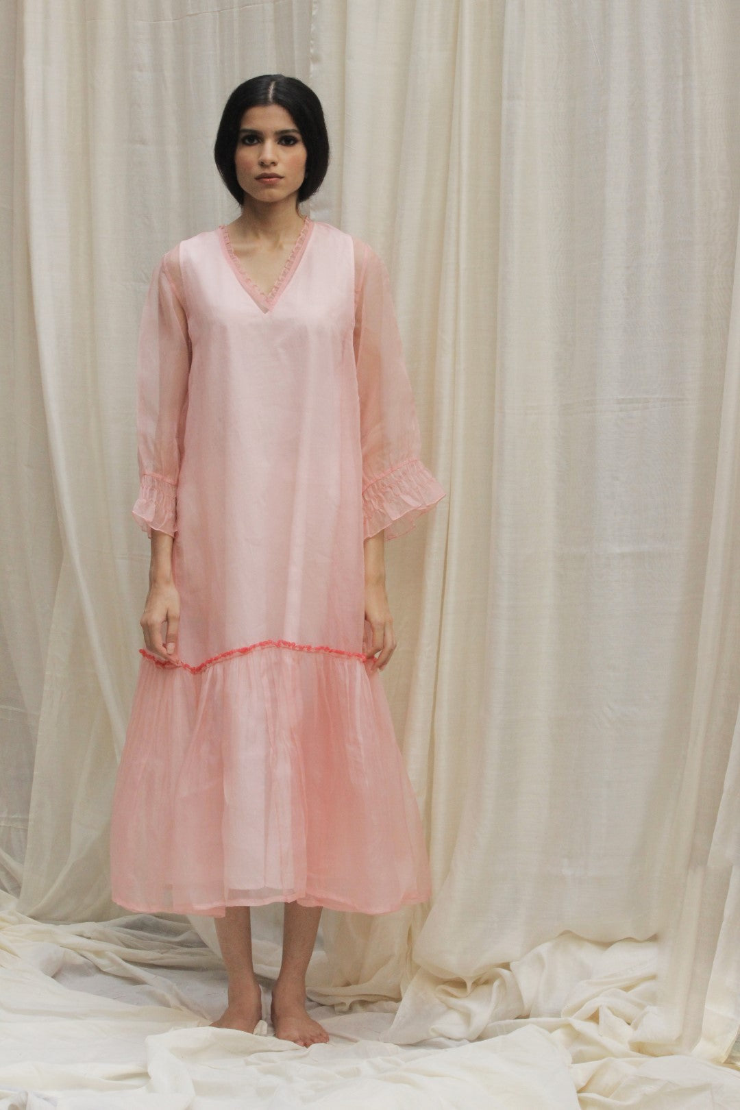 BABY PINK ORGANZA GATHER FRILL DRESS – SHIVANI BHARGAVA