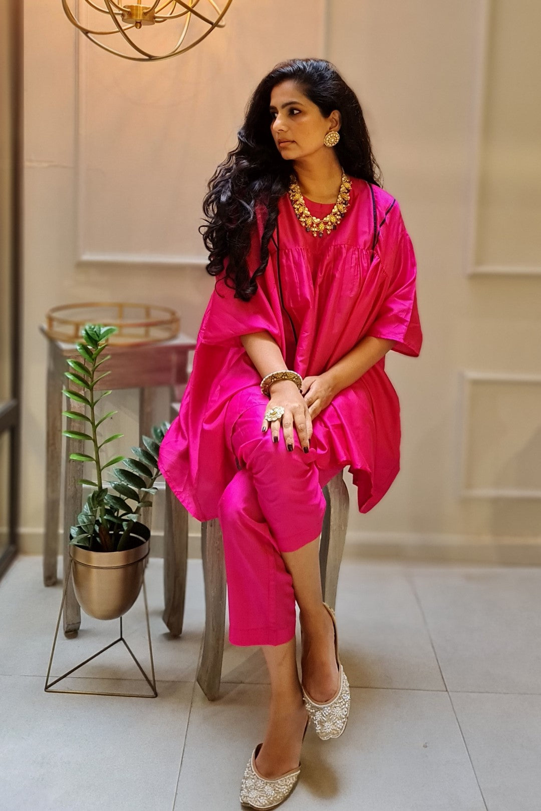 PINK MULBERRY SILK CAPE WITH PANTS