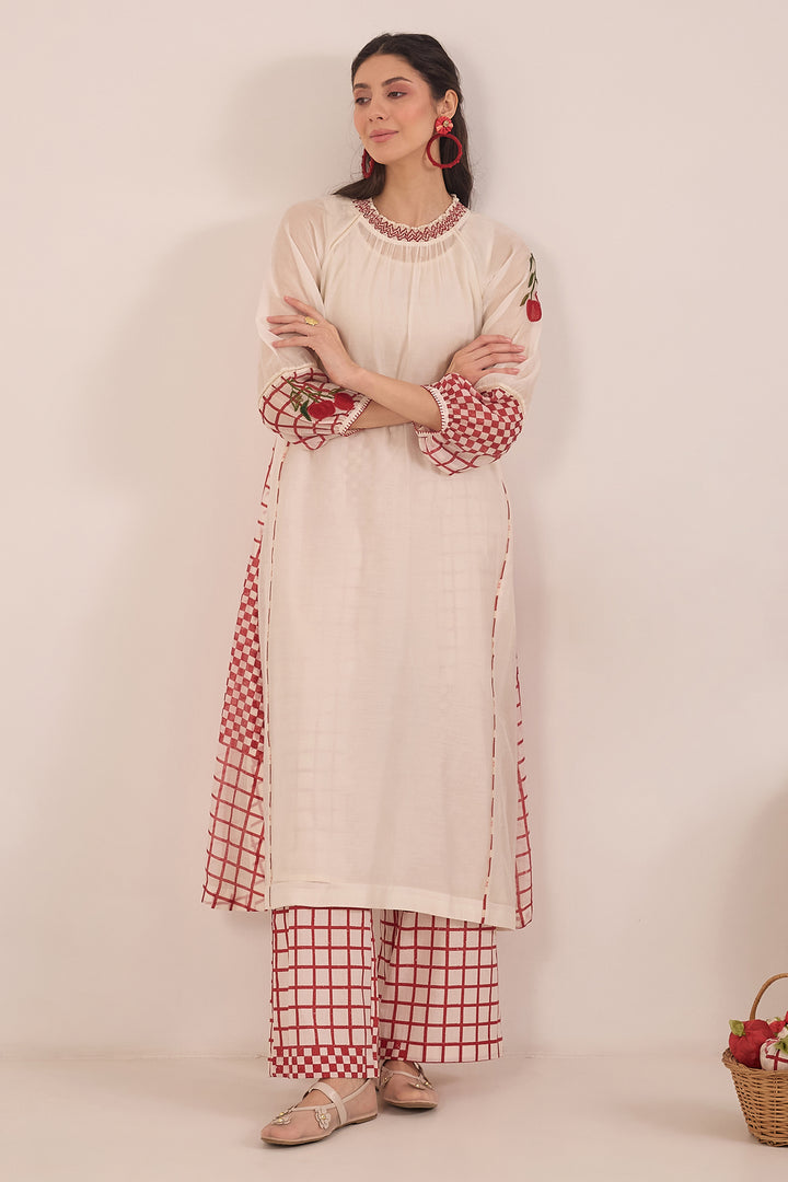 SHIRIN: COTTON SILK IVORY RED CHECK EMBROIDERED KURTA SET
