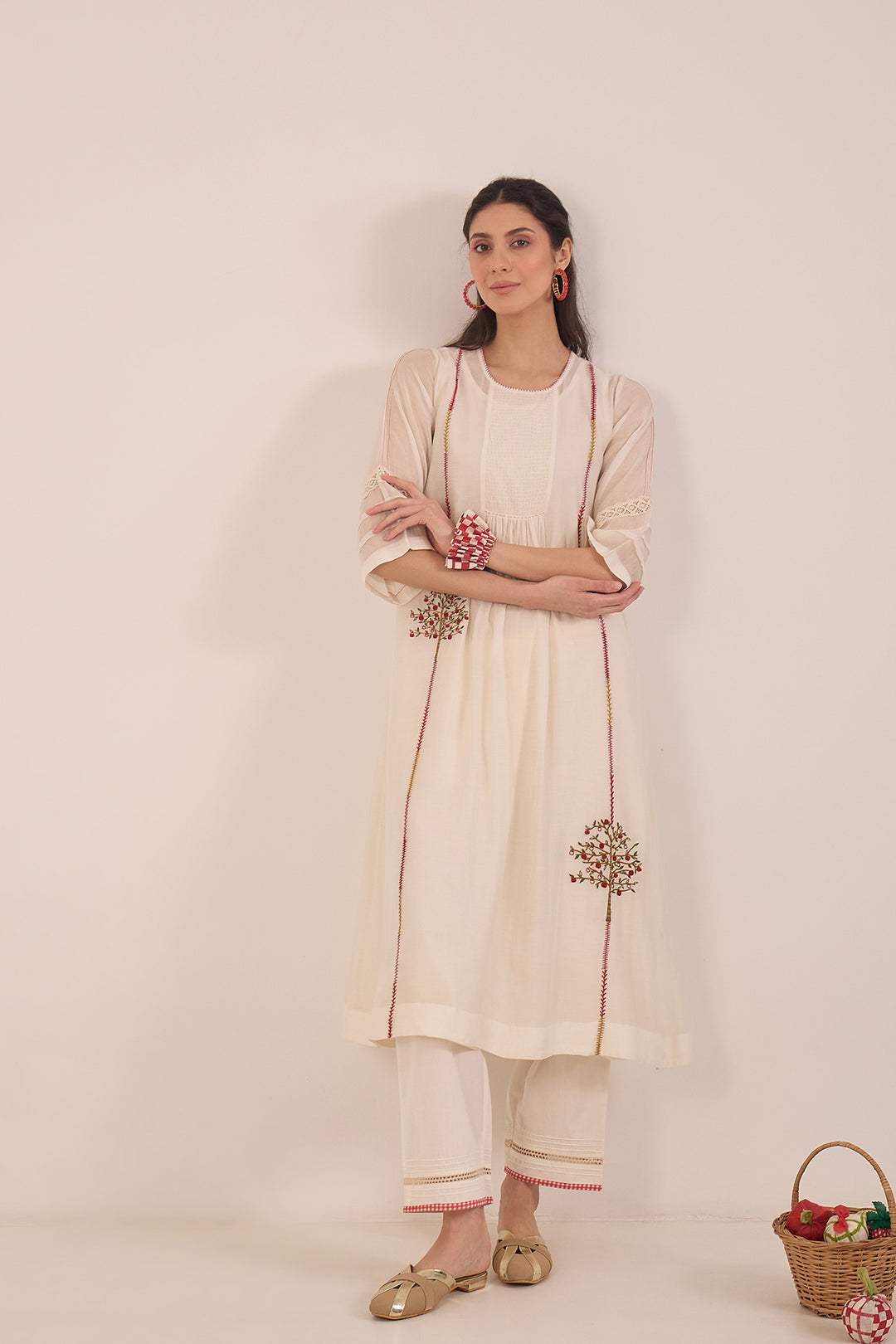 KHUBANI: COTTON CHECK BORDER PANTS - IVORY