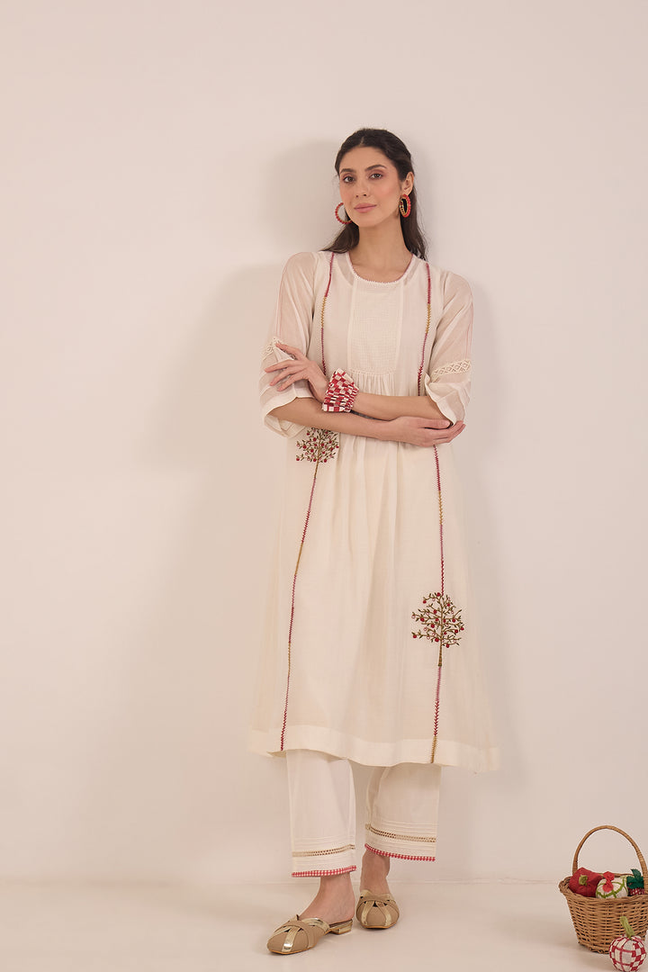 KHUBANI: COTTON CHECK BORDER PANTS - IVORY