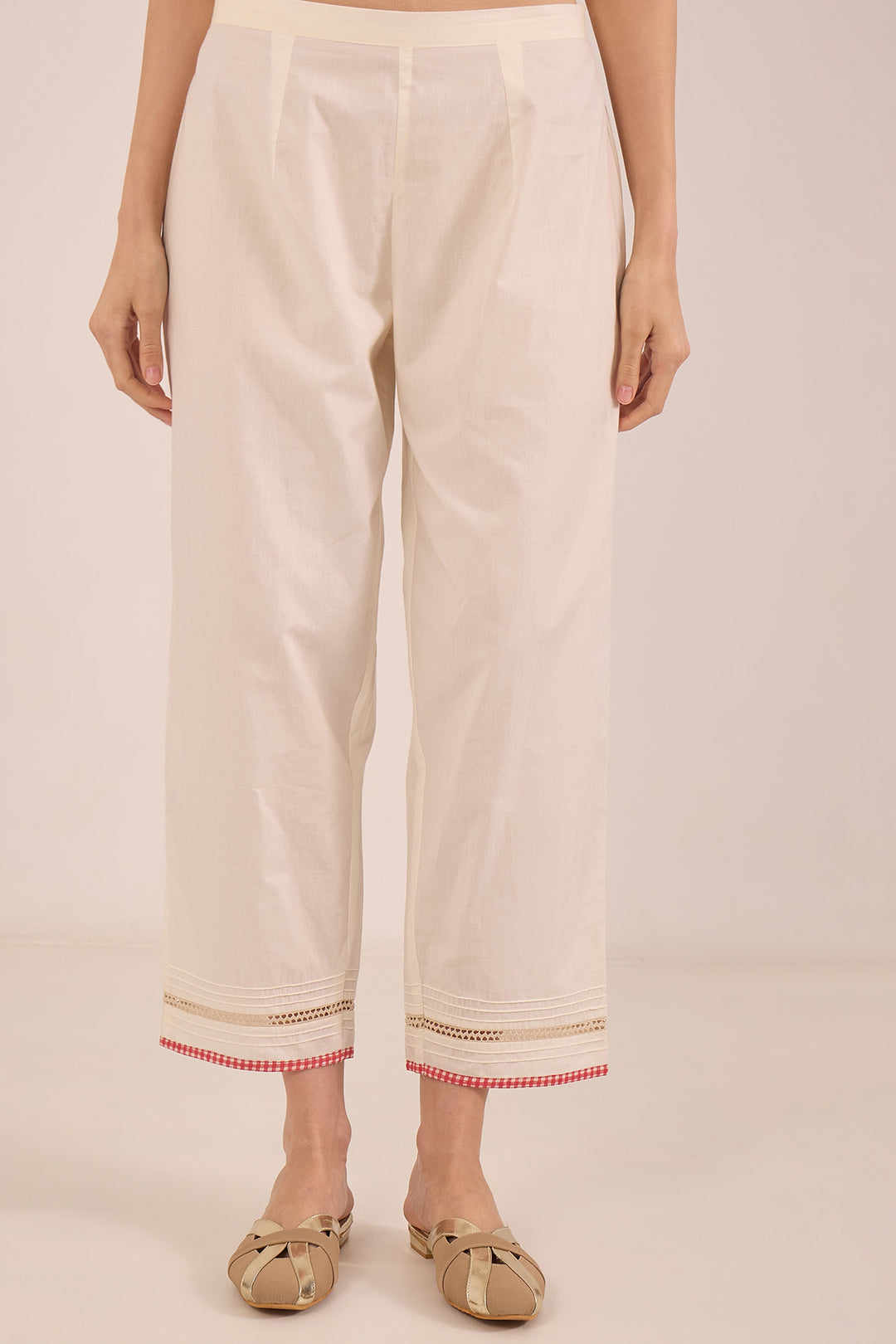 KHUBANI: COTTON CHECK BORDER PANTS - IVORY