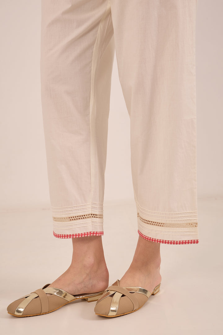 KHUBANI: COTTON CHECK BORDER PANTS - IVORY