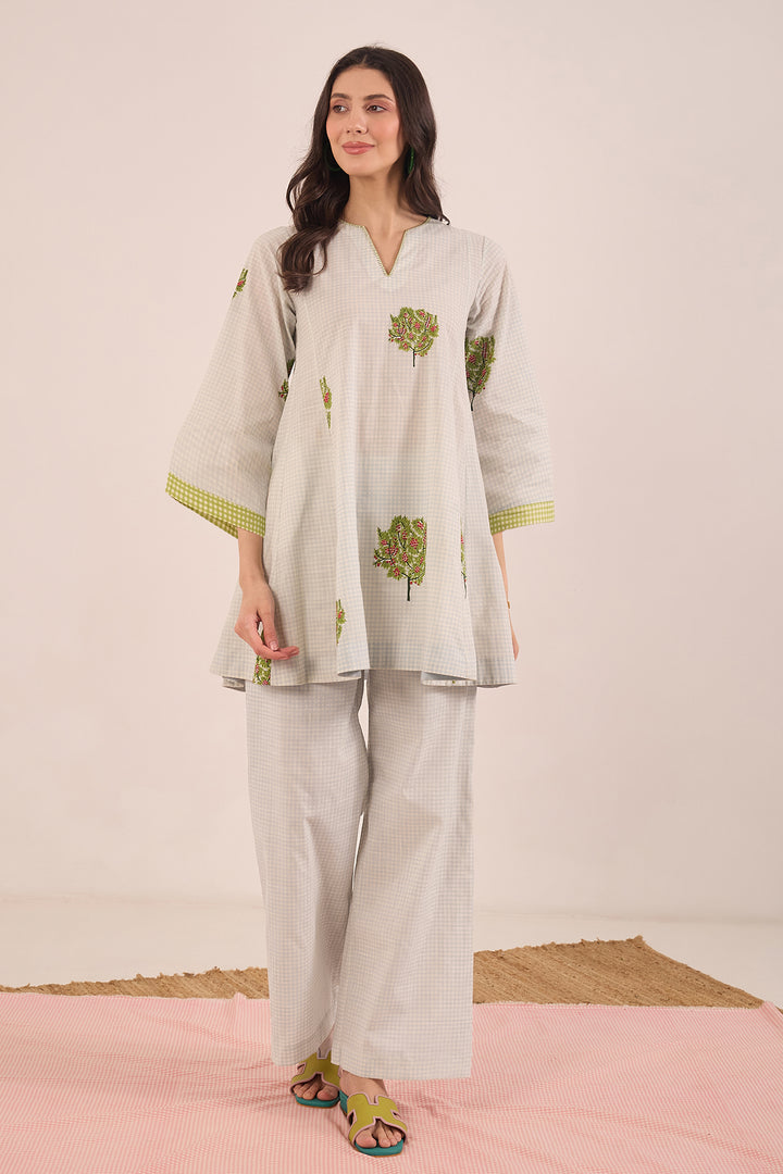 COTTON CHECK WIDE LEG PANTS - POWDER BLUE