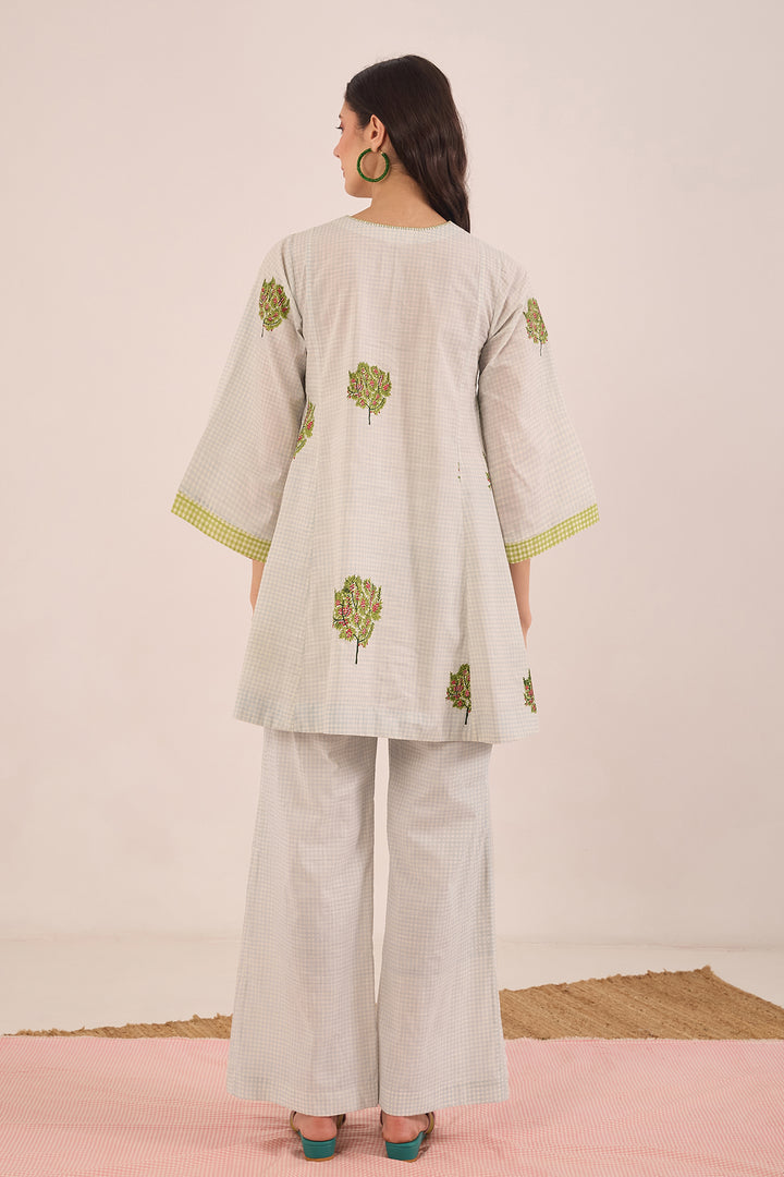 COTTON CHECK WIDE LEG PANTS - POWDER BLUE