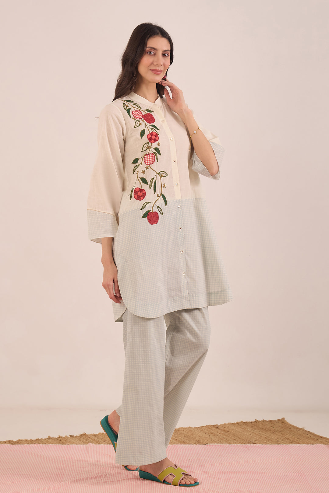 POMA: COTTON SHEPHERD CHECK WITH APPLES TUNIC- POWDER BLUE AND IVORY