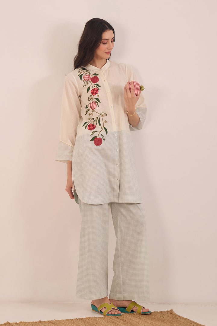 POMA: COTTON SHEPHERD CHECK WITH APPLES COORD SET - POWDER BLUE AND IVORY