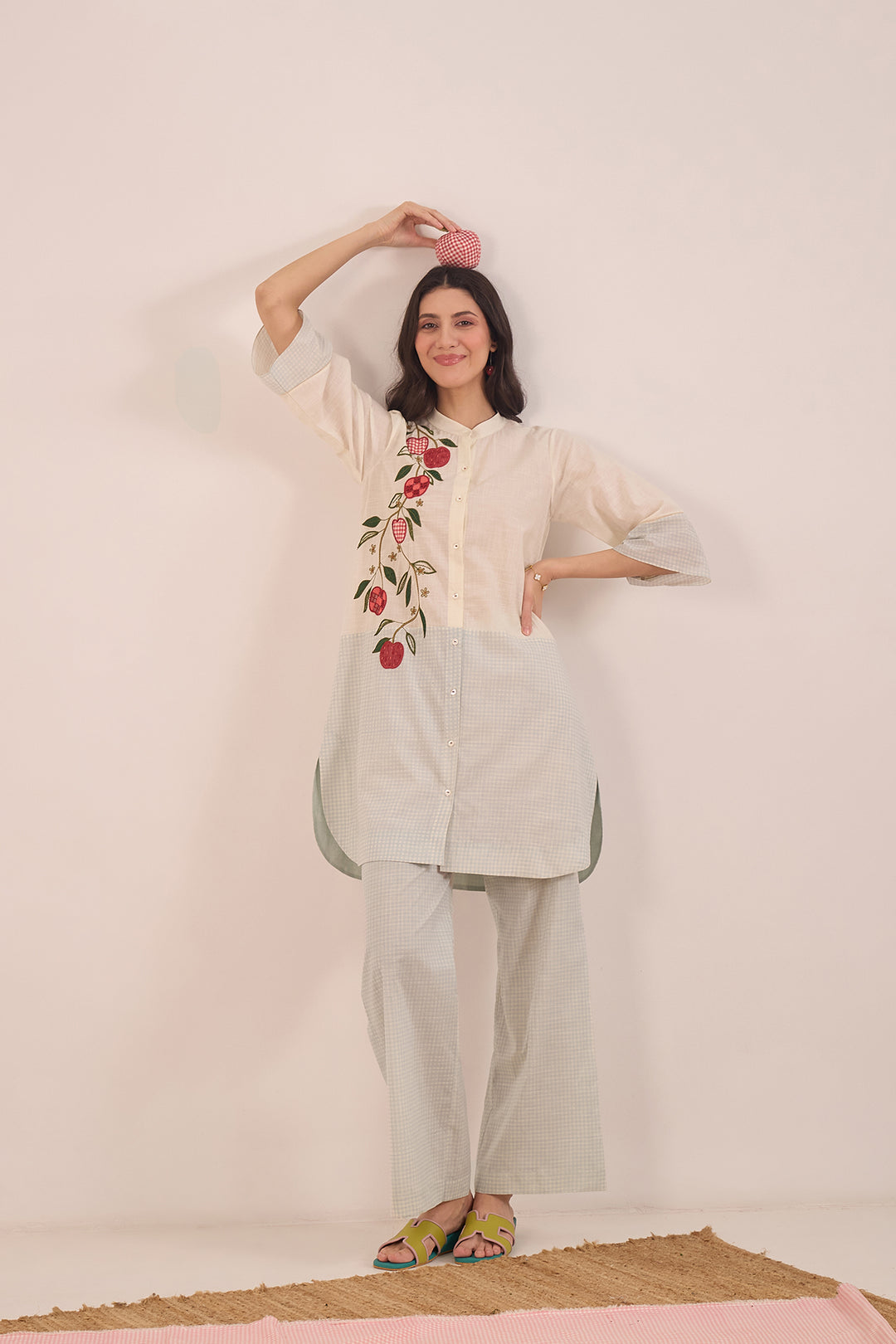 POMA: COTTON SHEPHERD CHECK WITH APPLES COORD SET - POWDER BLUE AND IVORY