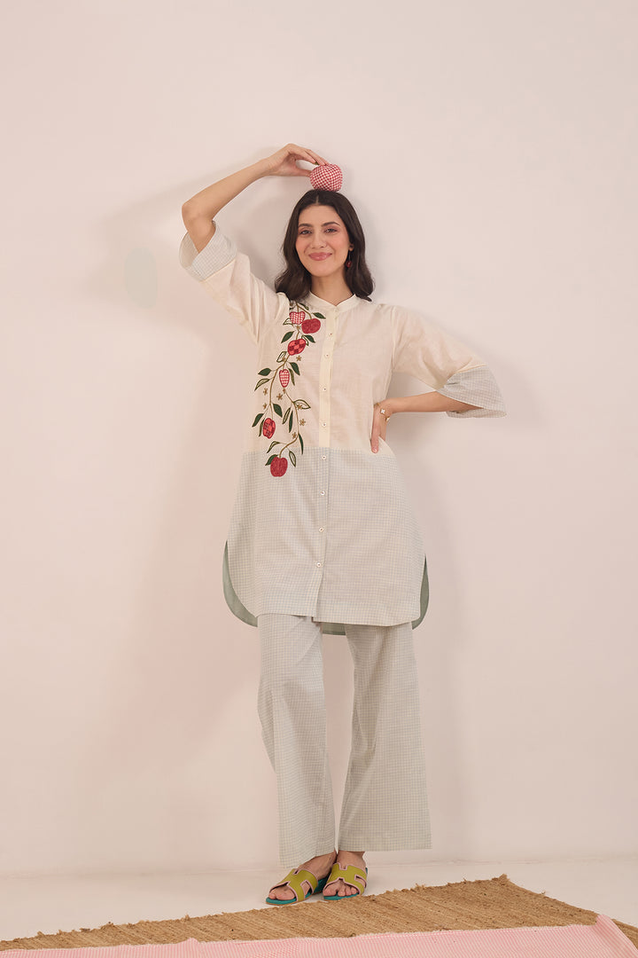 POMA: COTTON SHEPHERD CHECK WITH APPLES COORD SET - POWDER BLUE AND IVORY