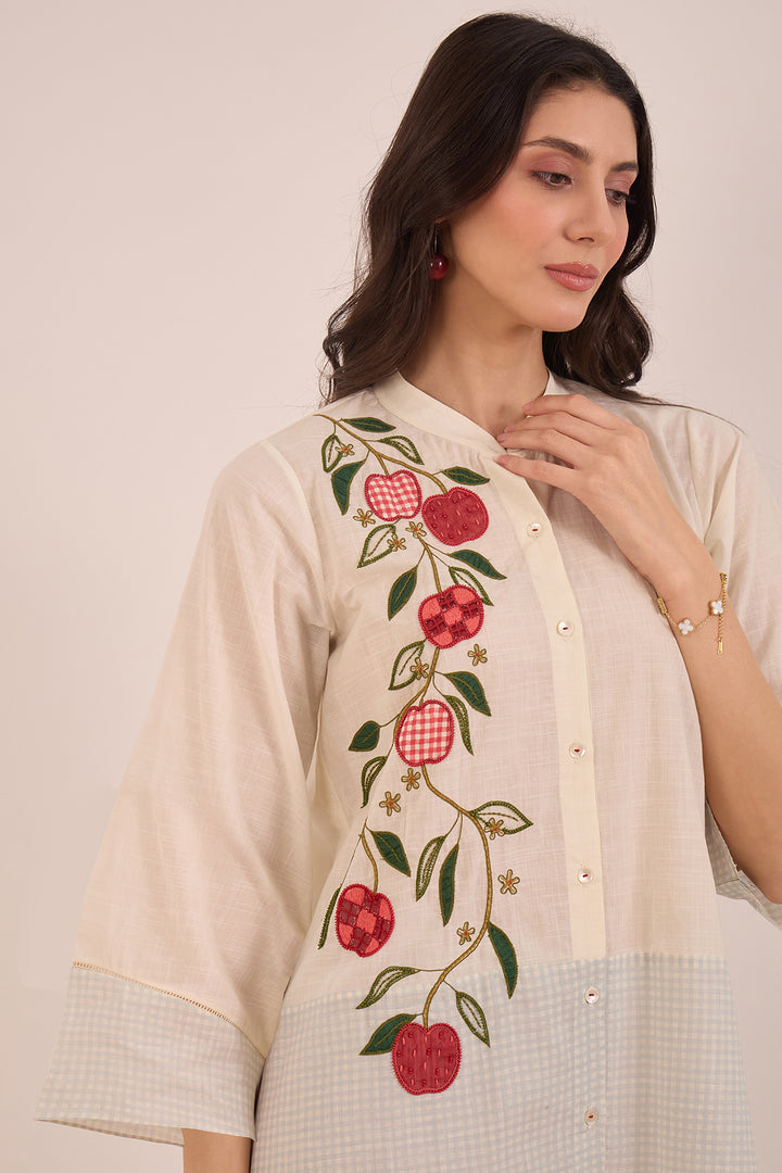 POMA: COTTON SHEPHERD CHECK WITH APPLES TUNIC- POWDER BLUE AND IVORY