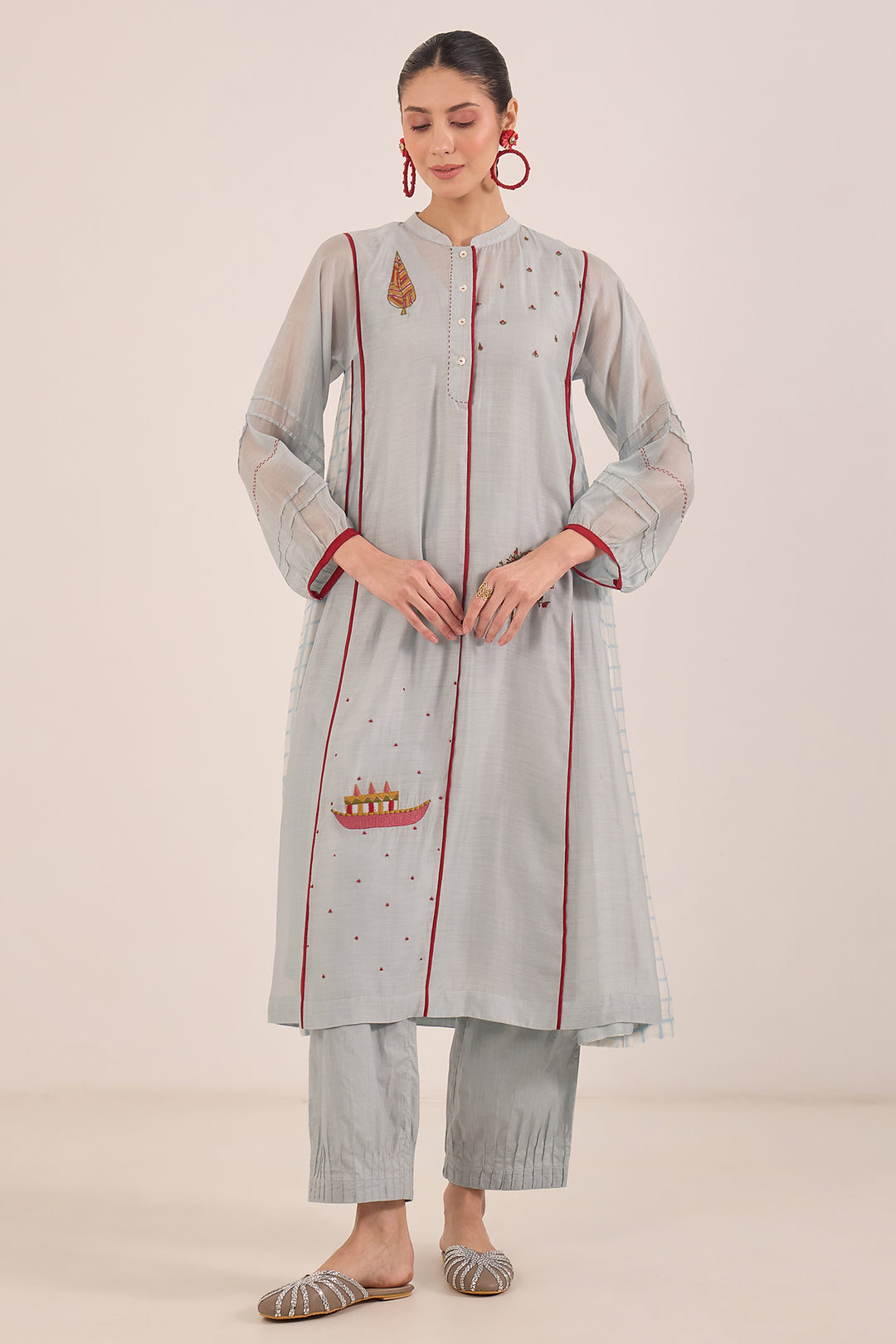 FIRDAUS: CHANDERI SIDE CHECK KALI EMBROIDERED KURTA SET POWDER BLUE AND RED