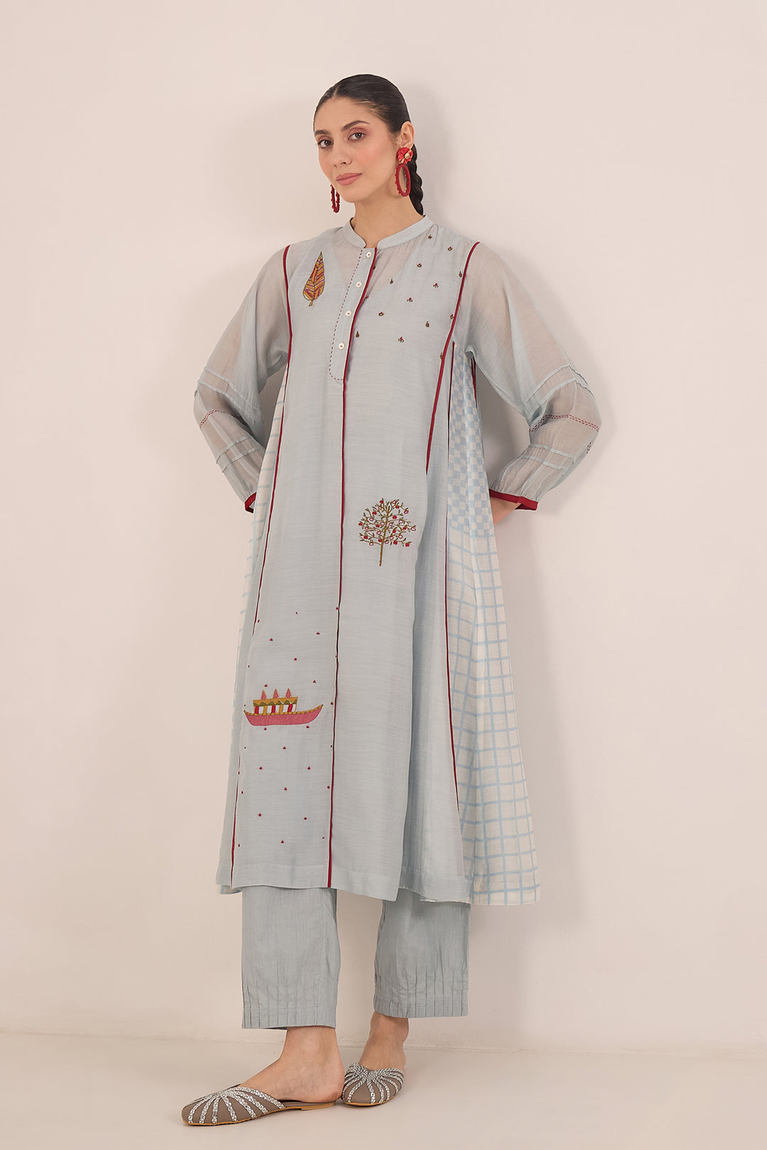 FIRDAUS: CHANDERI SIDE CHECK KALI EMBROIDERED KURTA SET POWDER BLUE AND RED