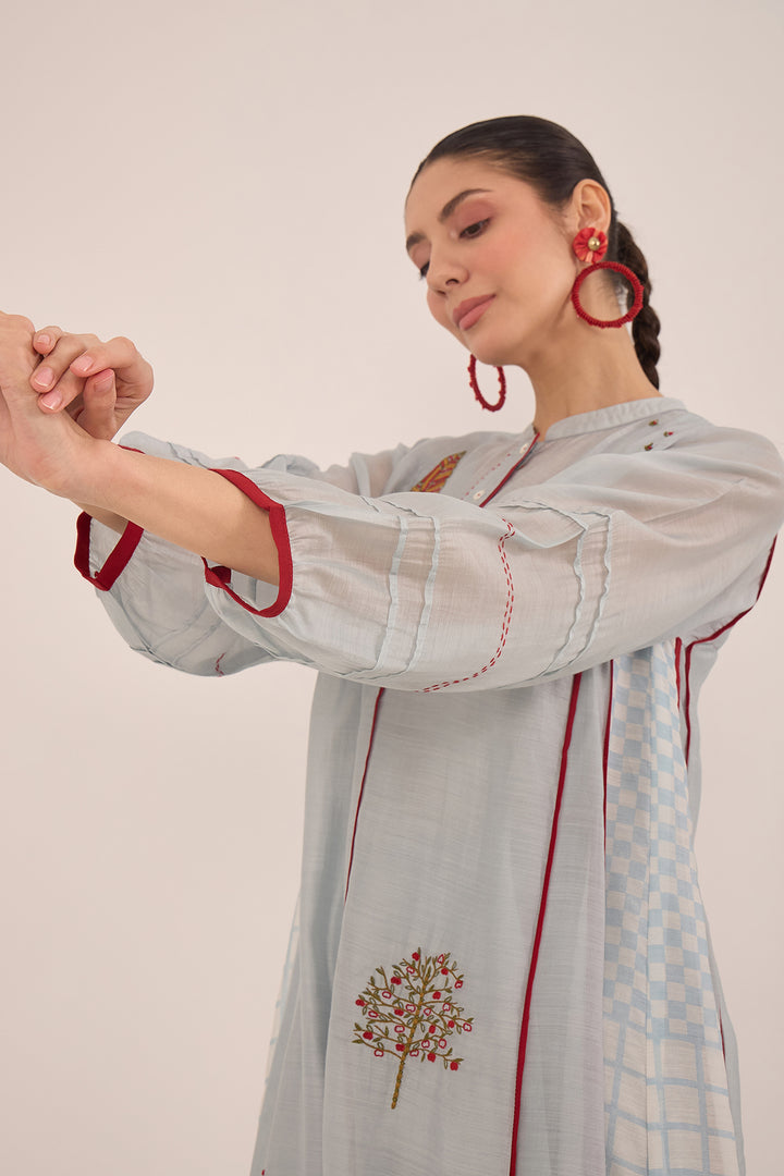 FIRDAUS: CHANDERI SIDE CHECK KALI EMBROIDERED KURTA - POWDER BLUE AND RED