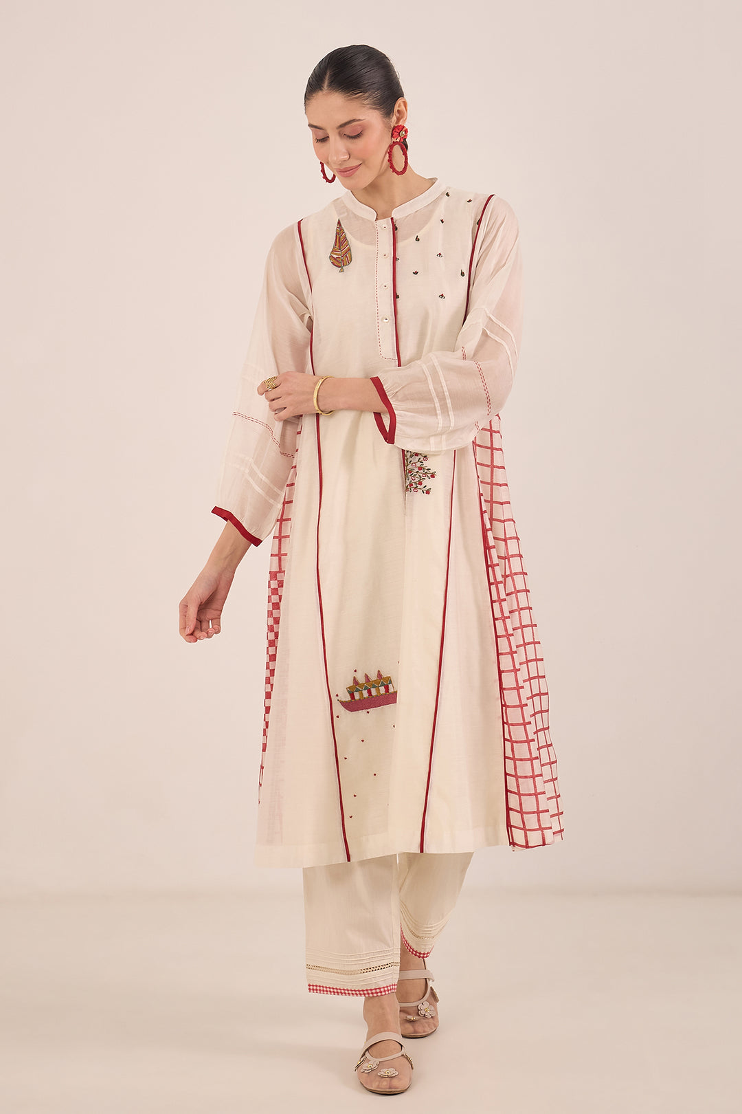 FIRDAUS: CHANDERI SIDE CHECK KALI EMBROIDERED KURTA SET IVORY AND RED