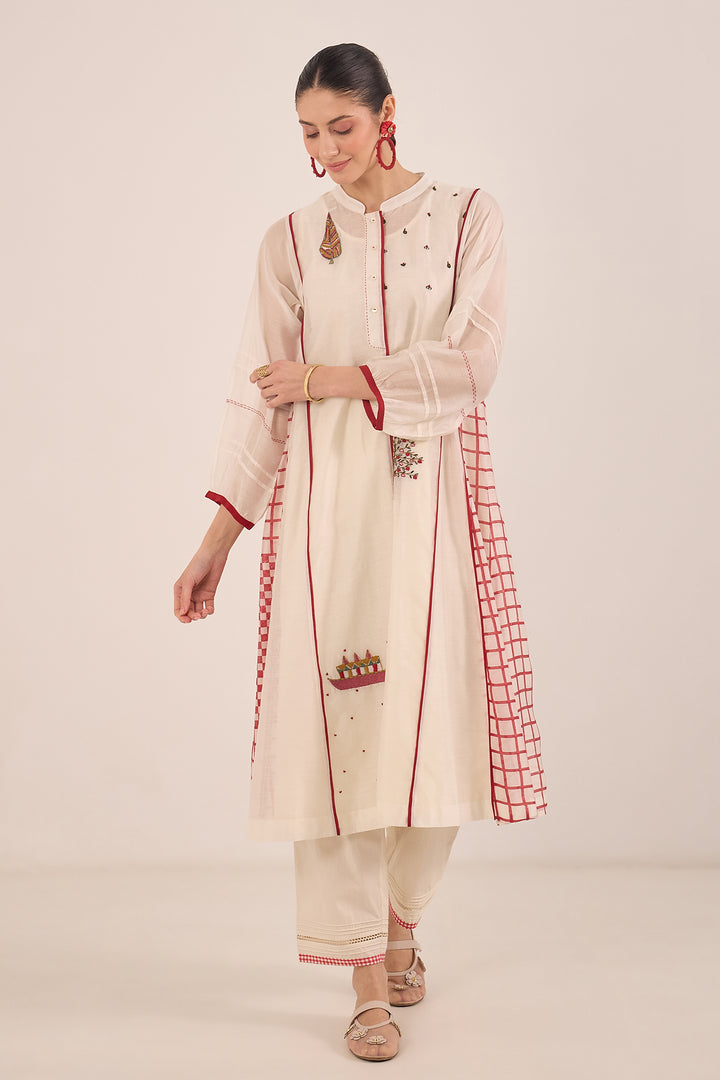 FIRDAUS: CHANDERI SIDE CHECK KALI EMBROIDERED KURTA SET IVORY AND RED