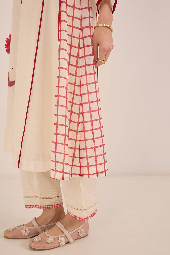 FIRDAUS: CHANDERI SIDE CHECK KALI EMBROIDERED KURTA SET IVORY AND RED