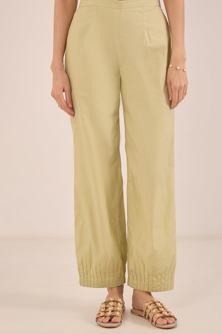 CHINAR: COTTON PINTUCK PANTS - GREEN