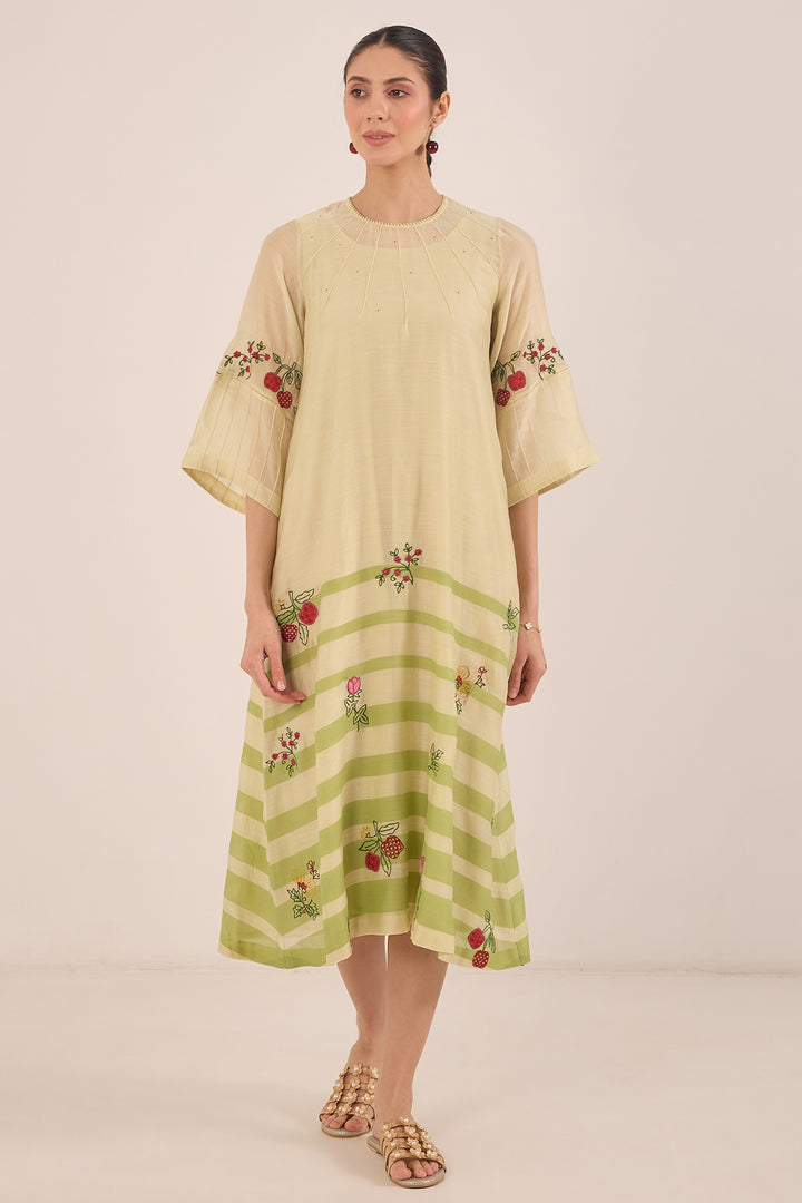 CHINAR: CHANDERI FLORAL EMBROIDERY WITH STRIPES KURTA SET - GREEN