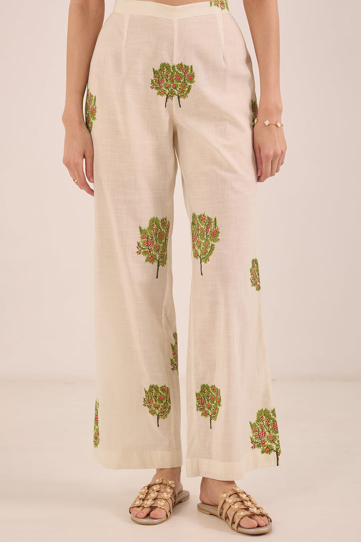 Ivory Cotton Printed Pants 