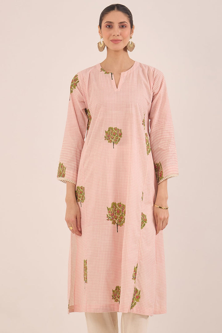 Pink cotton check kurta