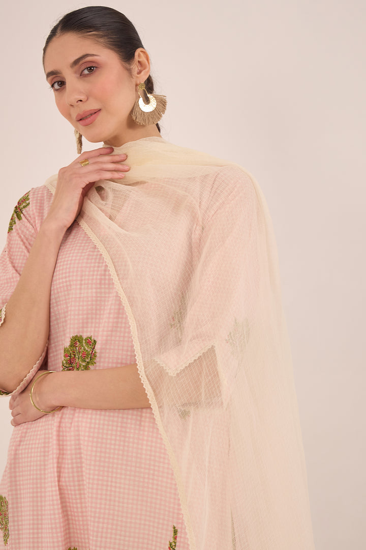 COTTON CHECK APPLE TREE KURTA - PINK