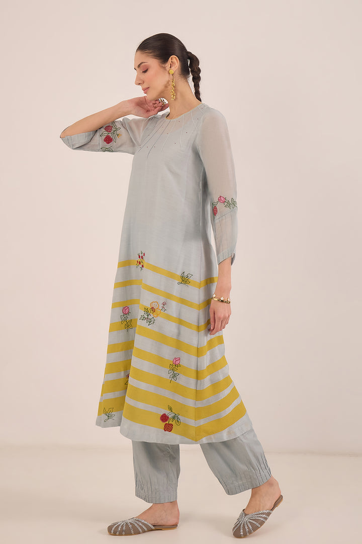 CHINAR: CHANDERI FLORAL EMBROIDERY WITH STRIPES KURTA SET - POWDER BLUE