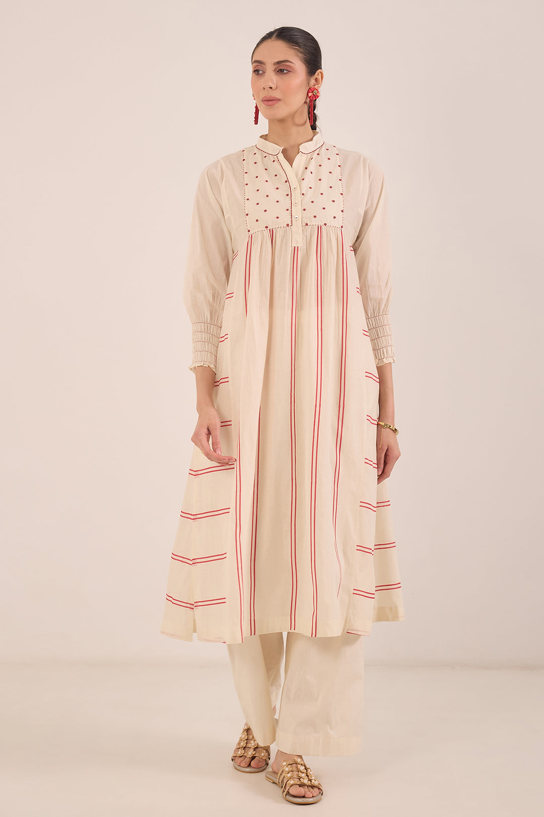 ZOON: COTTON IVORY BEAD AND STRIPE KURTA SET