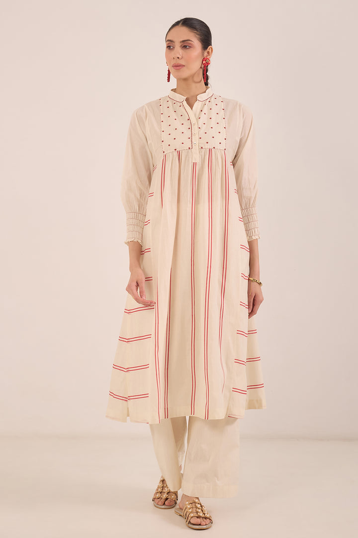 ZOON: COTTON IVORY BEAD AND STRIPE KURTA SET