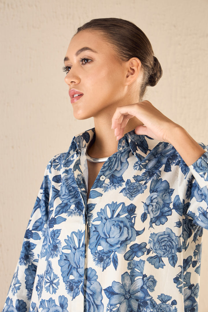 BLUE BLOSSOM COTTON LONG SHIRT CO-ORD SET