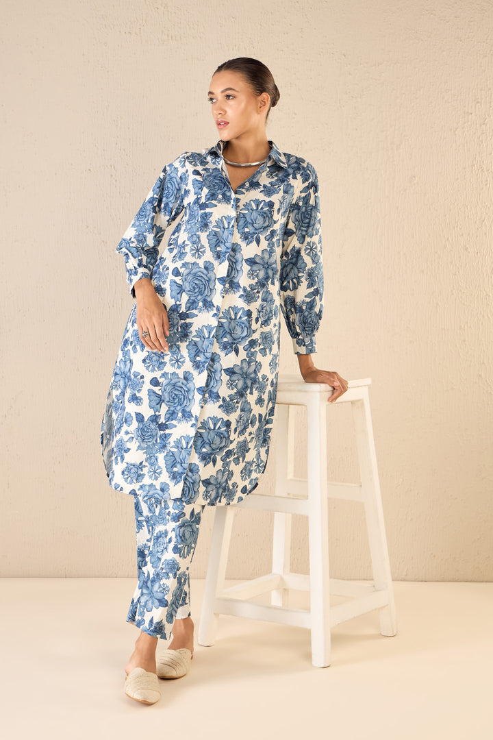 BLUE BLOSSOM COTTON SHIRT DRESS