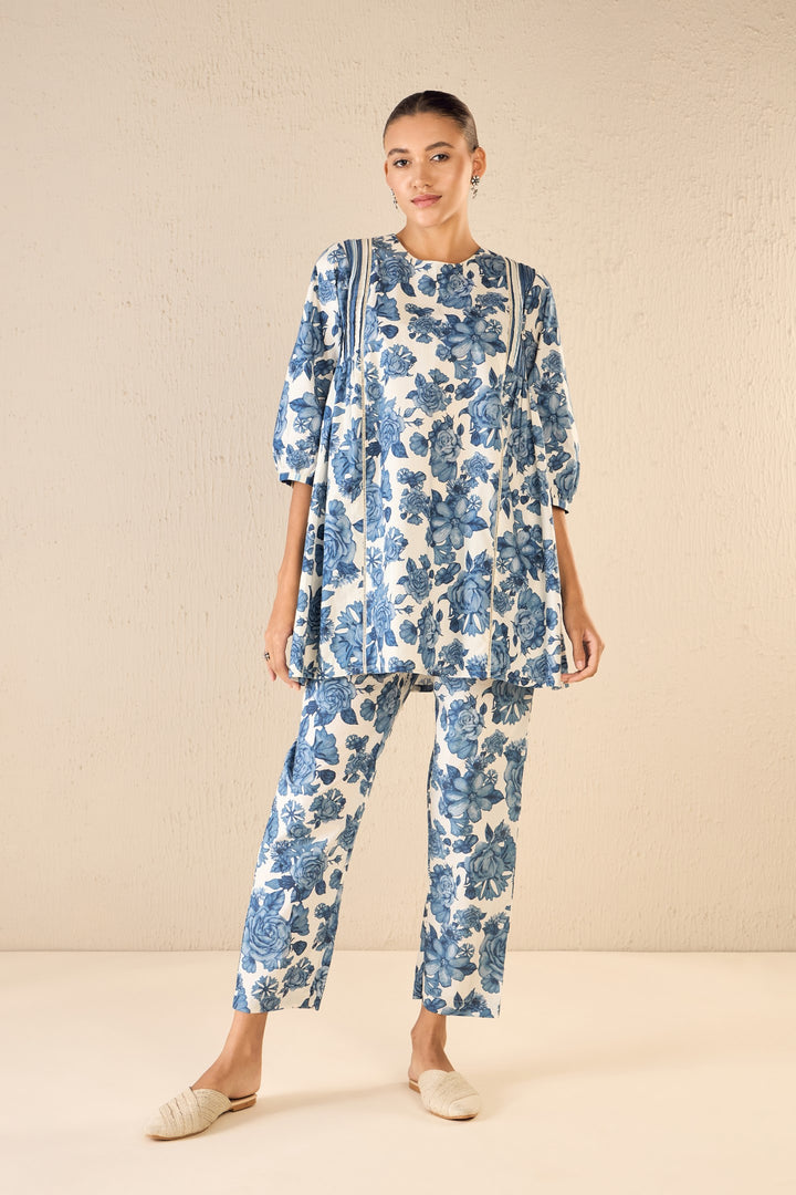 BLUE BLOSSOM: BLUE ROSE SIDE GATHER TUNIC