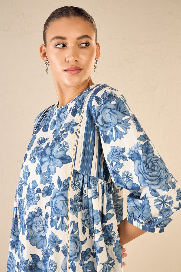 BLUE BLOSSOM: BLUE ROSE SIDE GATHER TUNIC CO-ORD SET