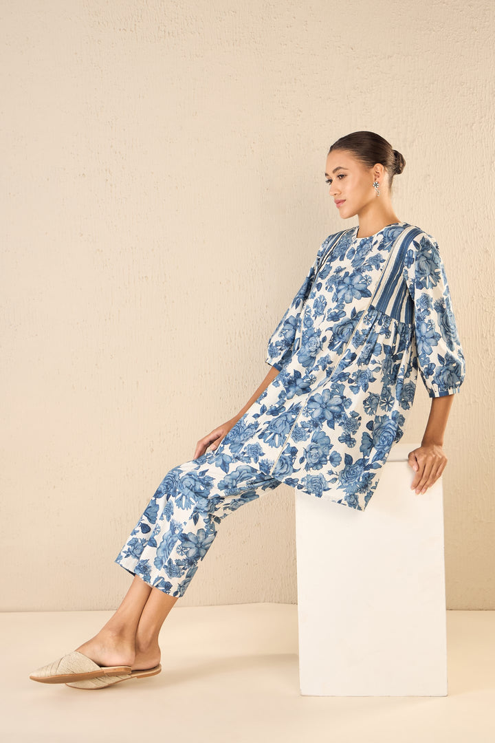 BLUE BLOSSOM: BLUE ROSE SIDE GATHER TUNIC