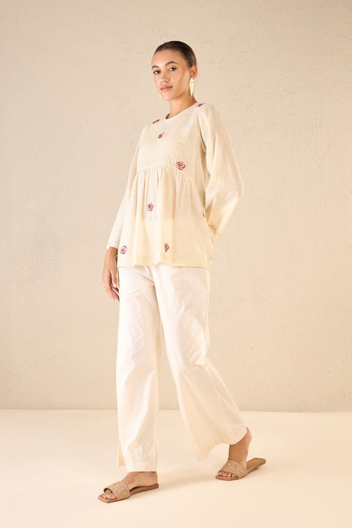 WHISPERING ROSES: IVORY HANDLOOM COTTON PINTUCK TUNIC