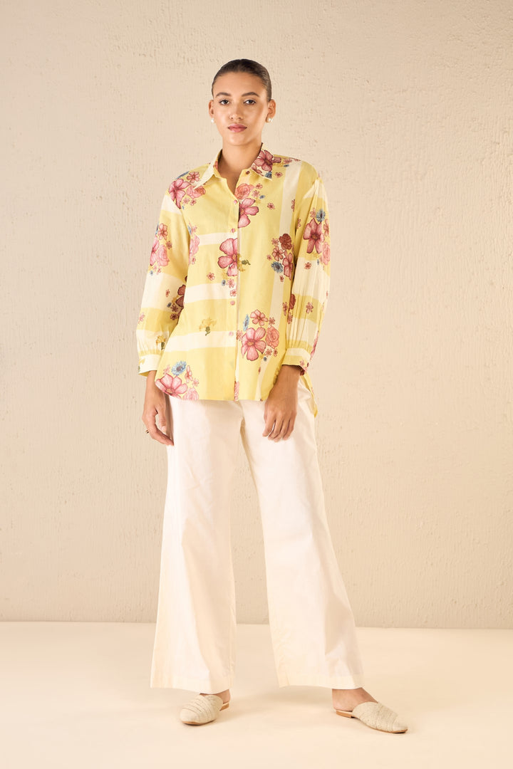 FLORAL FUSION: YELLOW & WHITE STRIPE FLORAL SHIRT WITH IVORY FLAIR PANTS