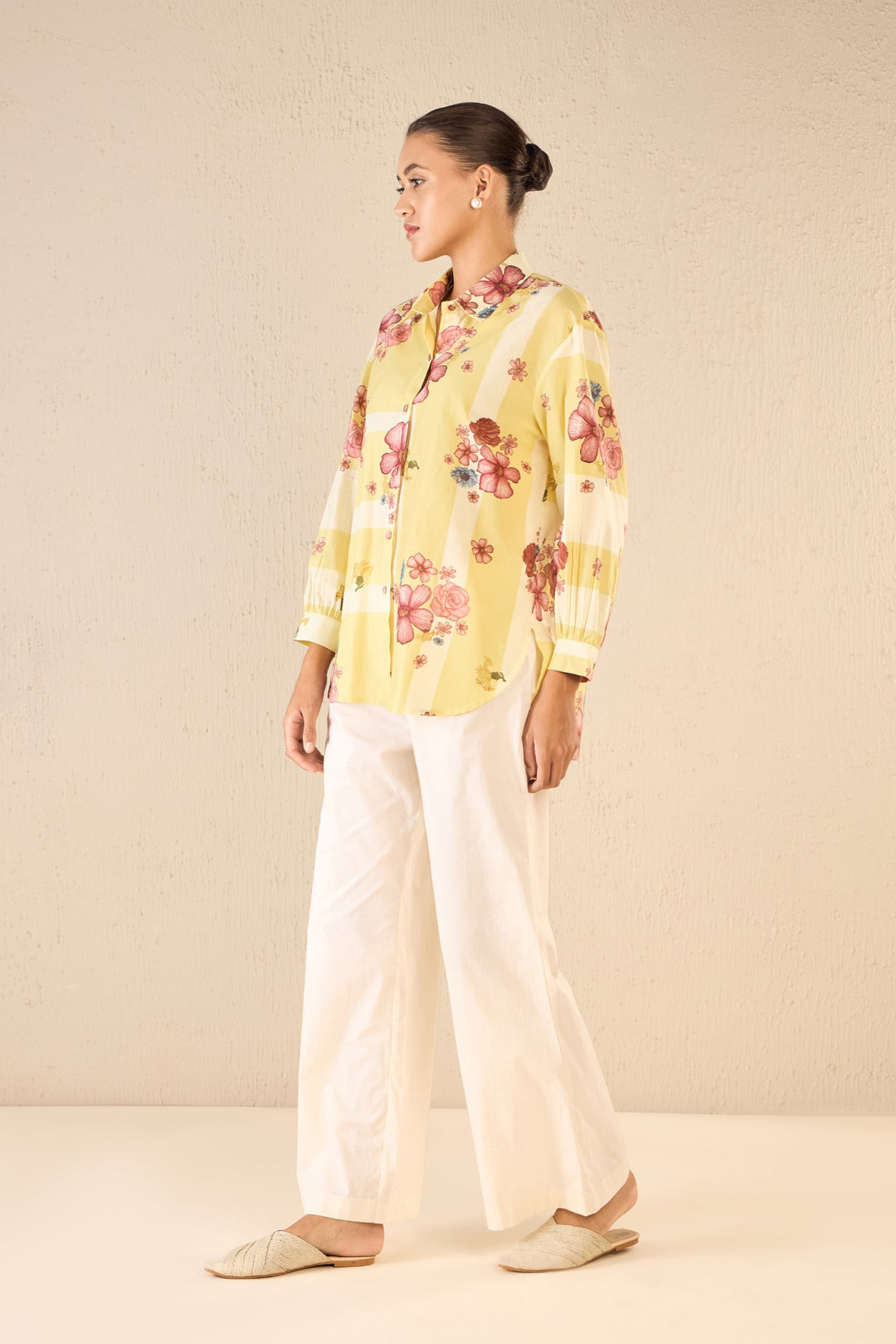 FLORAL FUSION: YELLOW & WHITE STRIPE FLORAL SHIRT WITH IVORY FLAIR PANTS