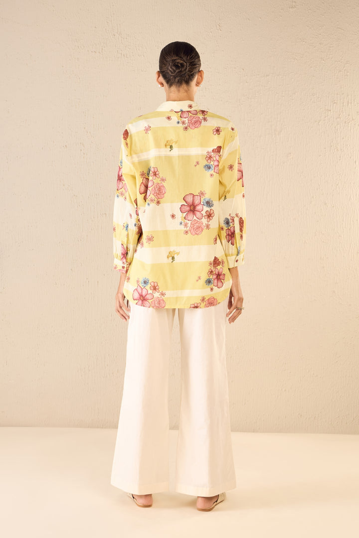 FLORAL FUSION: YELLOW & WHITE STRIPE FLORAL SHIRT WITH IVORY FLAIR PANTS