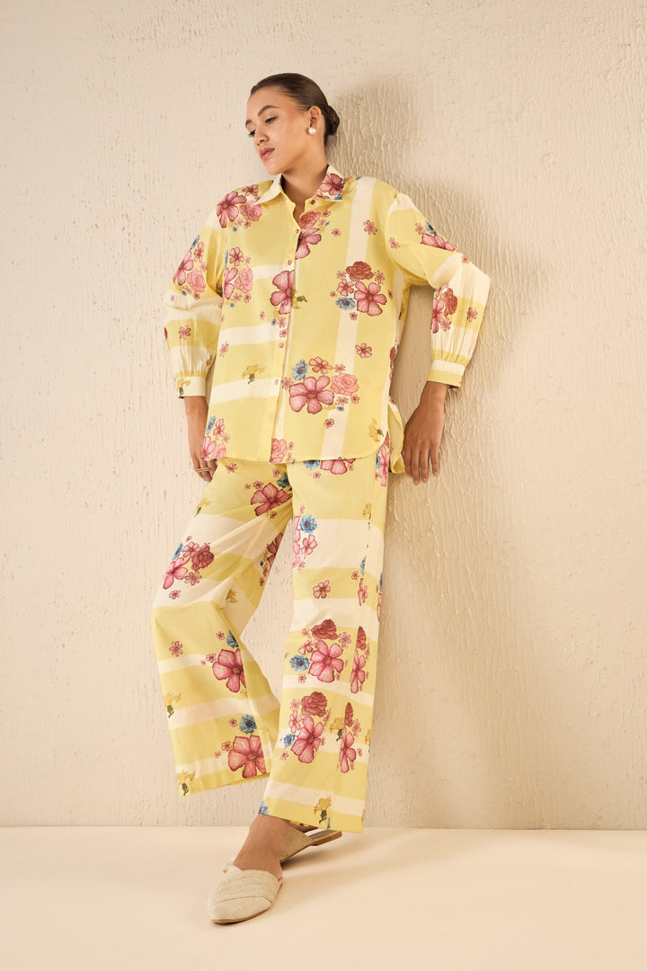 FLORAL FUSION: YELLOW & WHITE STRIPE FLORAL FLAIR PANTS