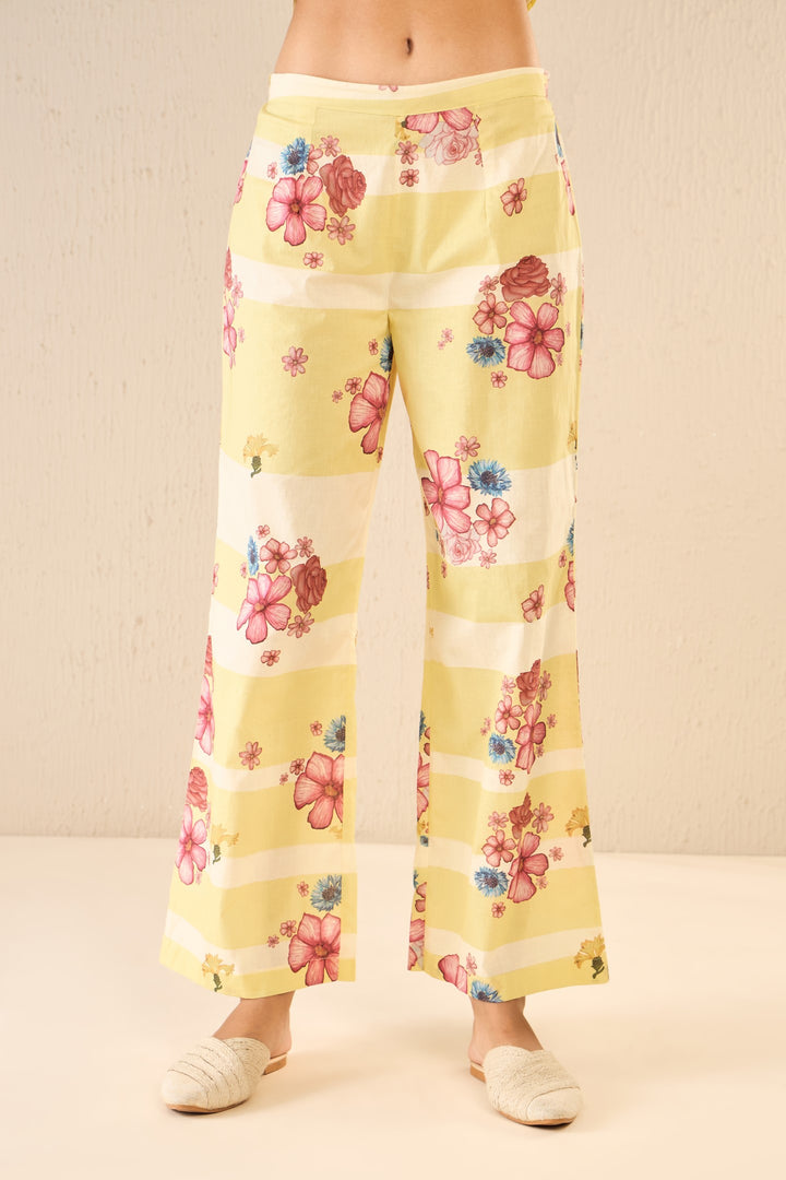 FLORAL FUSION: YELLOW & WHITE STRIPE FLORAL FLAIR PANTS