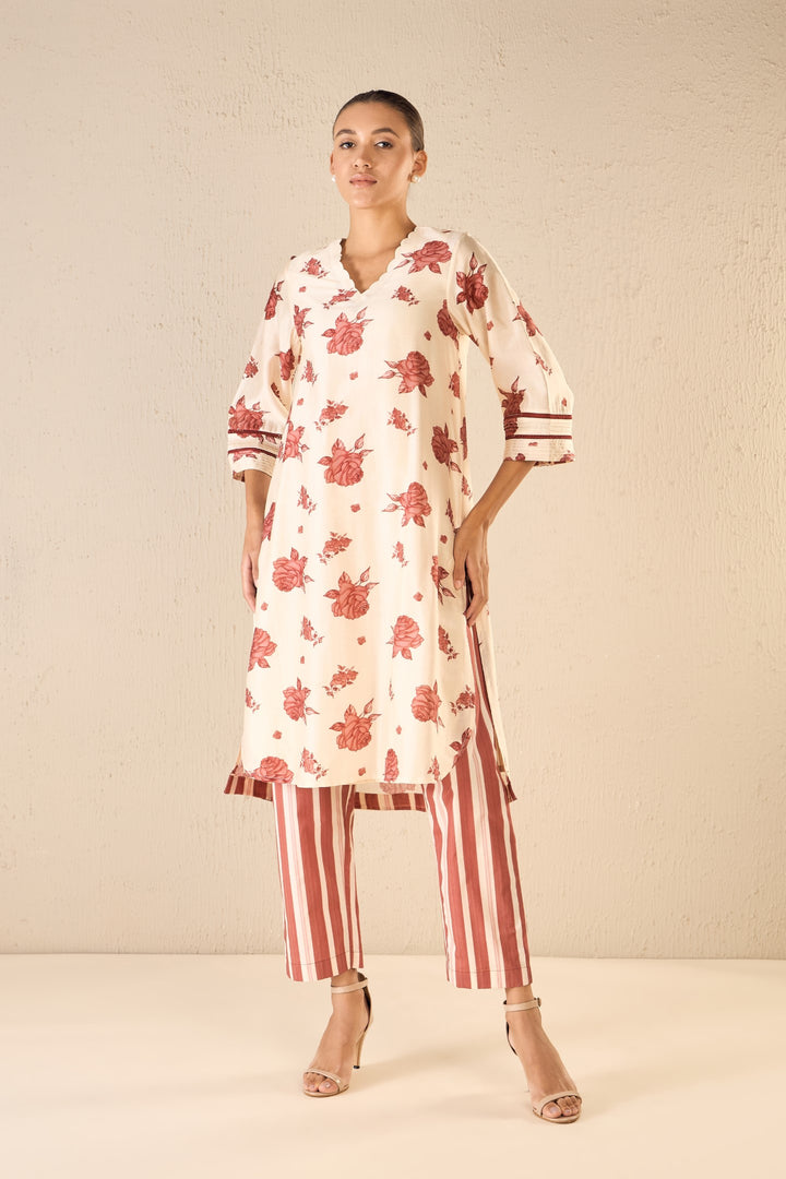 VINTAGE ROSE: RED ROSE CHANDERI SCALLOP NECK SET