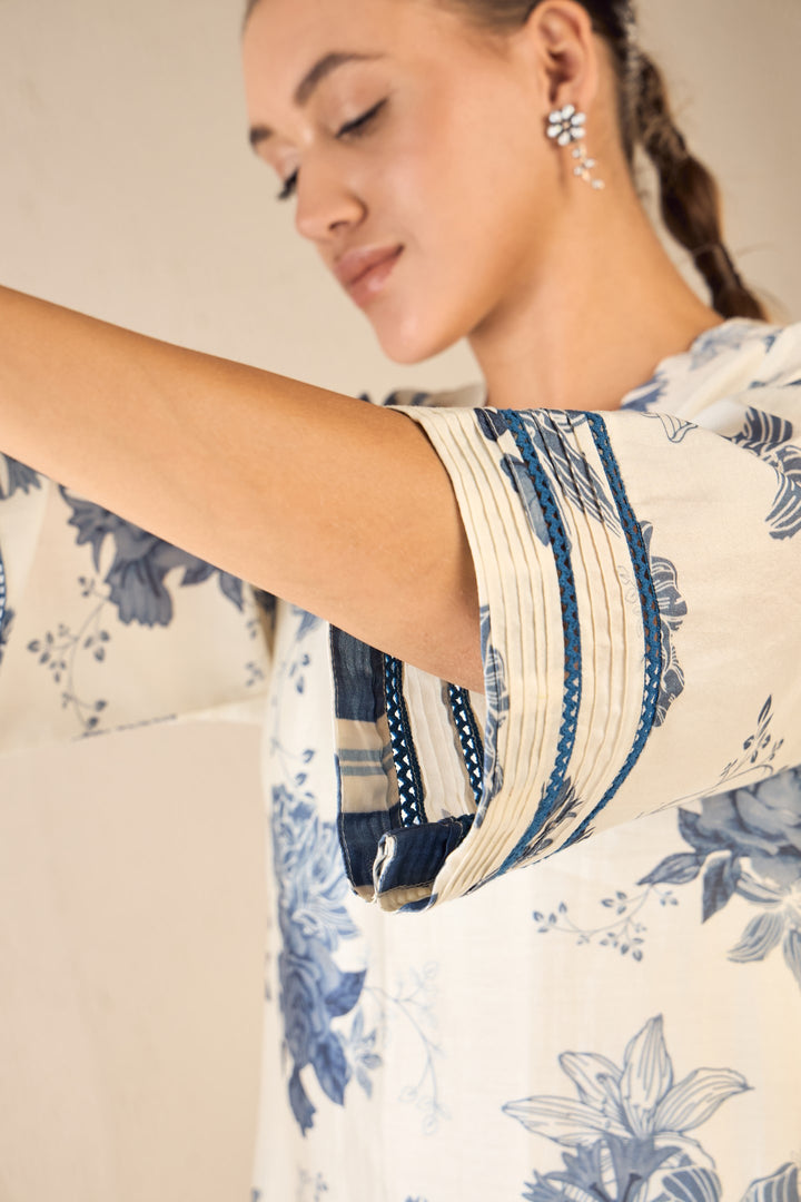 FLORAL FANTASY: BLUE FLORAL SCALLOP NECK KURTA